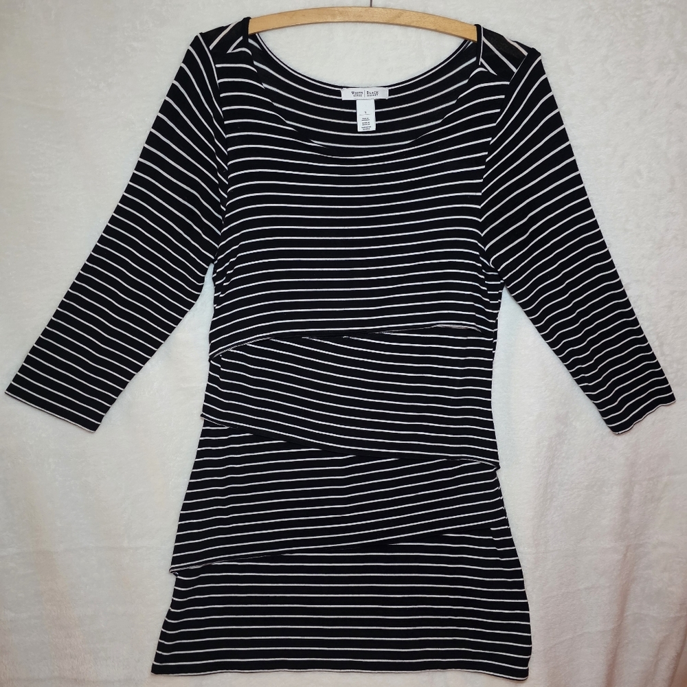 WHBM Scoop Neck Layered Fringe Black and White Striped Long Sleeve Size Small.